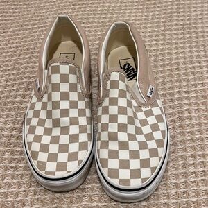 Vans Beige and White Checkered Slip-Ons